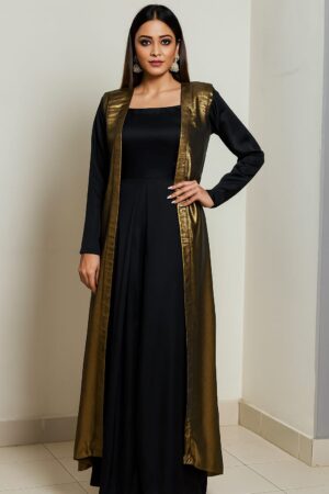 Black & Gold Long Front-Open Gown Set
