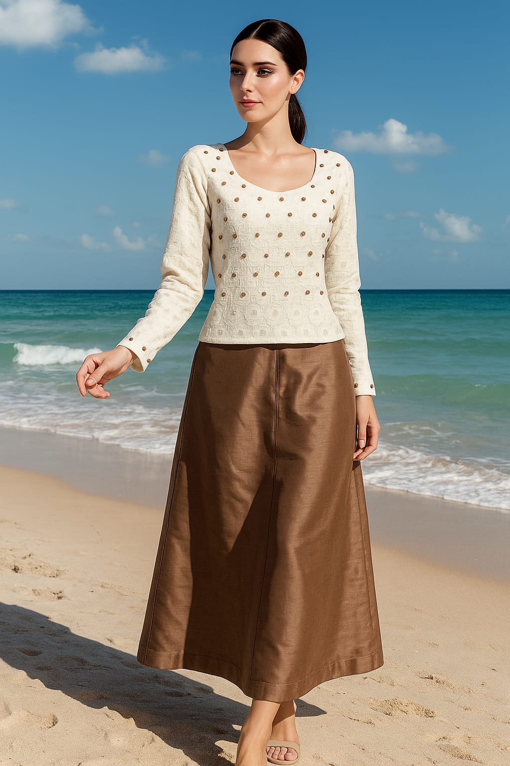 Ivory & Coffee Brown Long Skirt Set